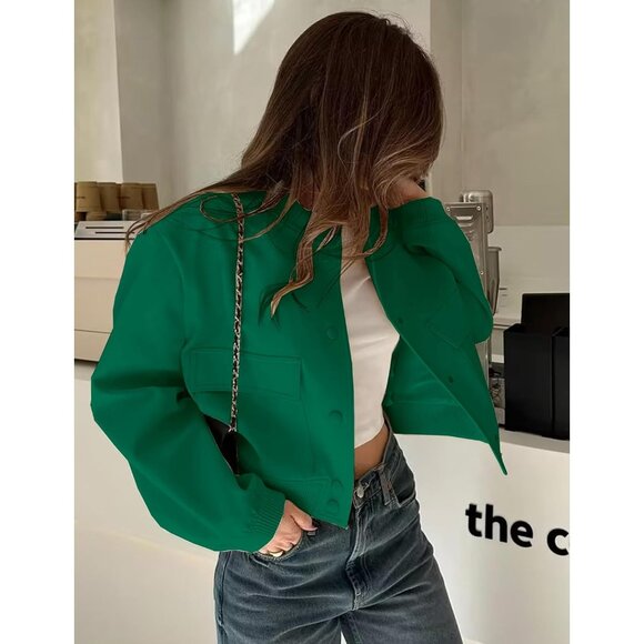 Women Dark green Cropped Bomber Jacket Button Down Varsity Shacket with Pockets - Picture 4 of 5